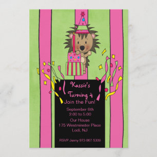 Striped Pink & Green Birthday  Hedgehog Invitation