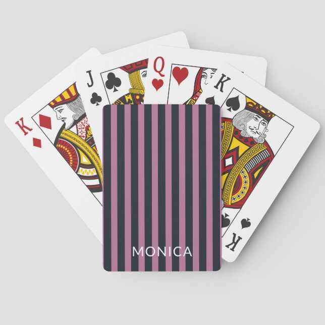 striped pink | navy custom name  playing cards (Back)