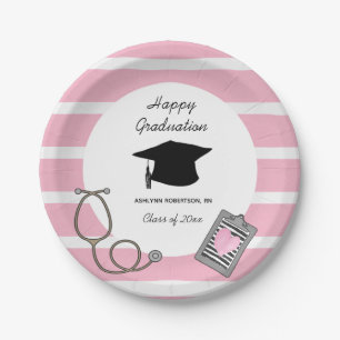 Striped Pink Nursing School Graduation Paper Plat Plate