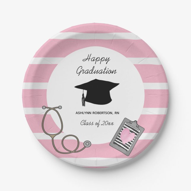 Striped Pink Nursing School Graduation  Paper Plat Plate (Front)