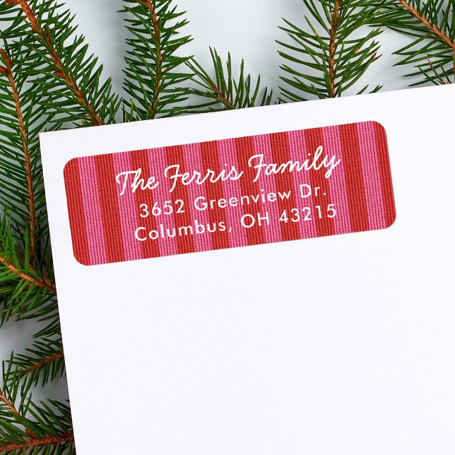 Striped pink red simple Christmas return address Label (Creator Uploaded)