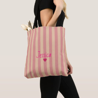 Striped Pink Simple Elegant Custom Name Tote Bag