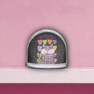 Striped Purple Cat Valentine Candy Hearts Black Snowglobe