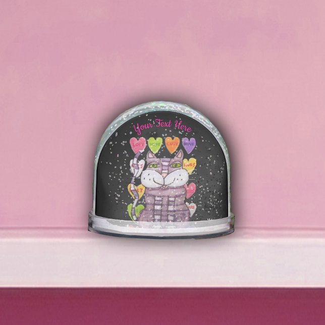 Striped Purple Cat Valentine Candy Hearts Black Snowglobe (Purple striped cat with colourful Valentine candy hearts with sayings on black snow globe.)