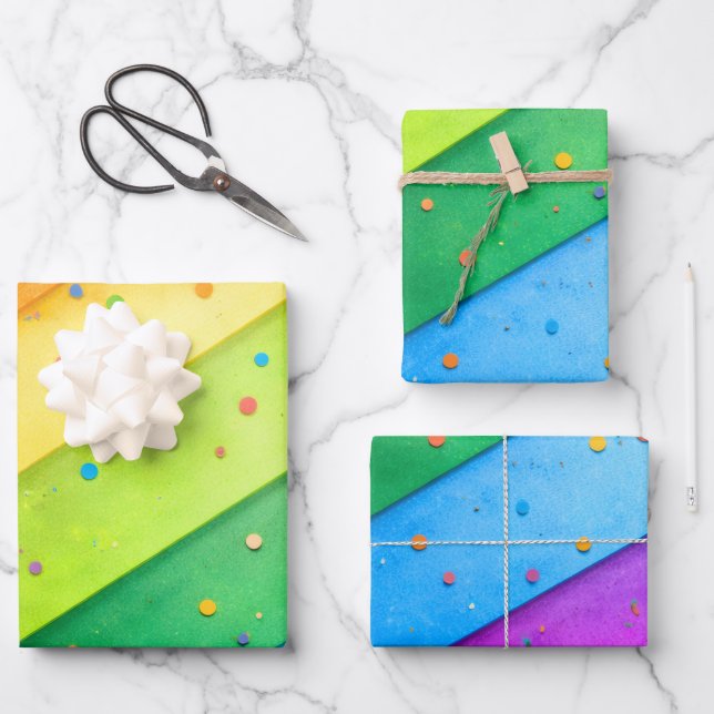 Striped Rainbow with confetti Wrapping Paper Sheet (Front)