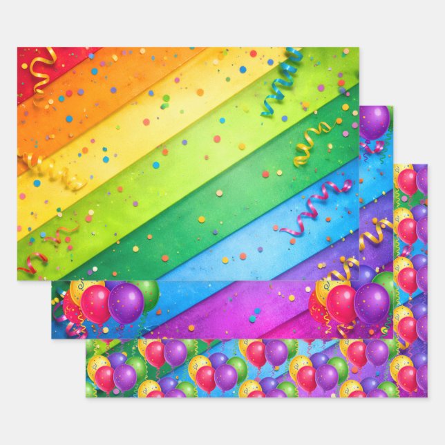 Striped Rainbow with confetti Wrapping Paper Sheet (Set)