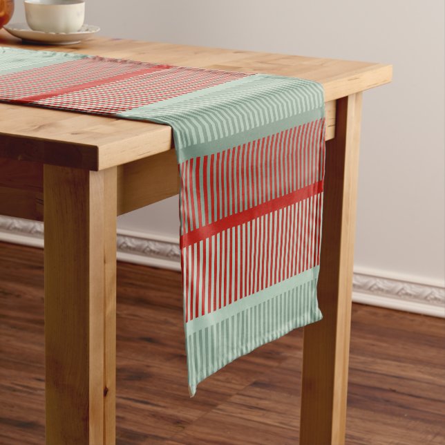 Striped Red and Green Pattern Short Table Runner (In Situ)