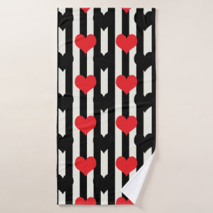 Striped Red Black Love Heart Pattern Design Bath Towel
