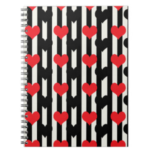 Striped Red Black Love Heart Pattern Design Notebook