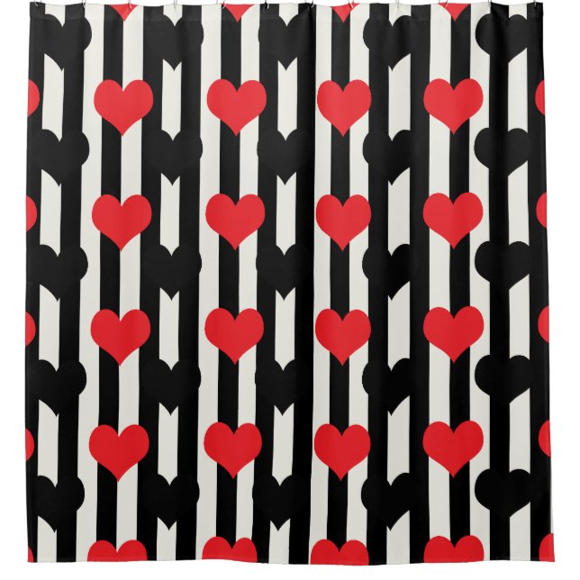 Striped Red Black Love Heart Pattern Design  Shower Curtain (Front)