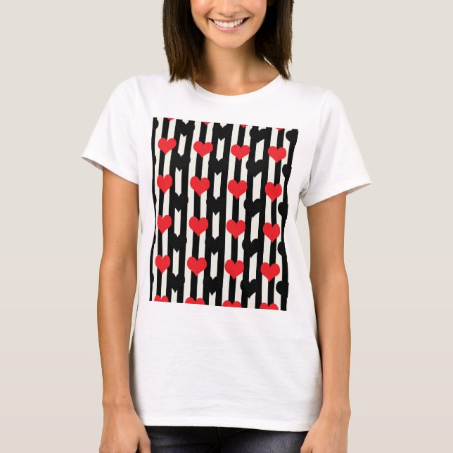 Striped Red Black Love Heart Pattern Design  T-Shirt (Front)