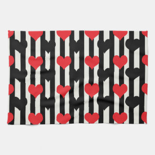 Striped Red Black Love Heart Pattern Design  Tea Towel