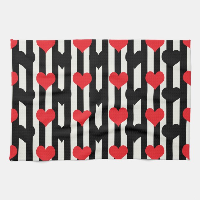 Striped Red Black Love Heart Pattern Design  Tea Towel (Horizontal)