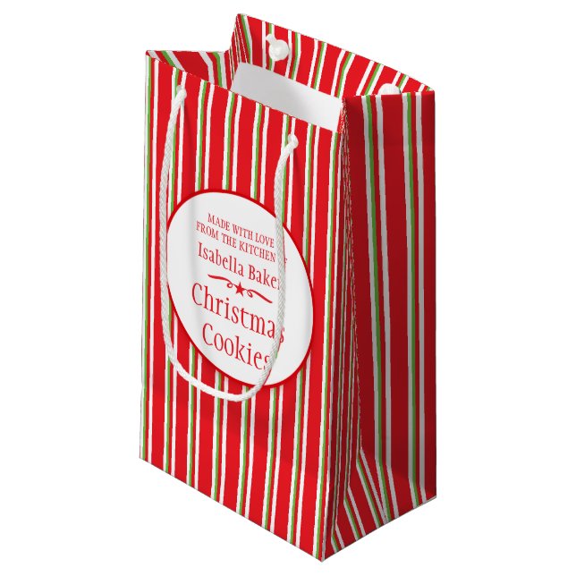 Striped red green cookie swap / baking gift bags (Front Angled)