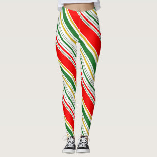 Striped Red Green Gold Christmas Leggings