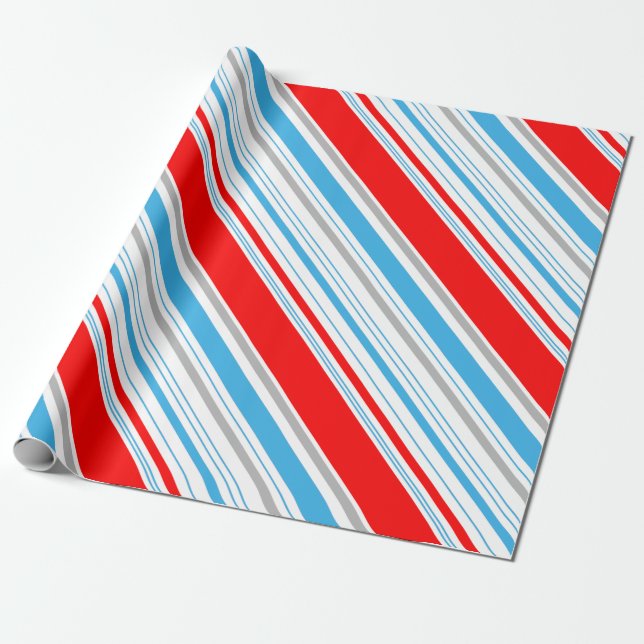 Striped Red Silver Blue Candy Cane Wrapping Paper (Unrolled)