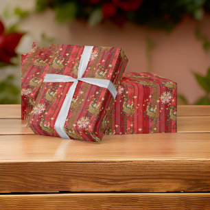 Striped Red Snowflakes Flying Reindeer  Wrapping Paper