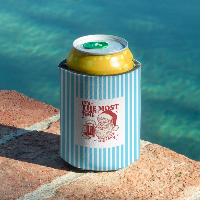 Striped retro Santa Most Wonderful Time for a Beer Can Cooler (In Situ Pool)