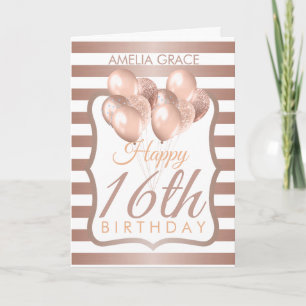 Striped Rose Gold Balloons 16th Birthday Card
