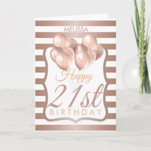 Striped Rose Gold Balloons 21st Birthday Card