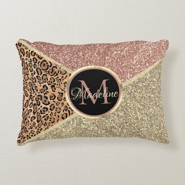 Striped Rose Gold Glitter Leopard Monogram Decorative Cushion (Front)