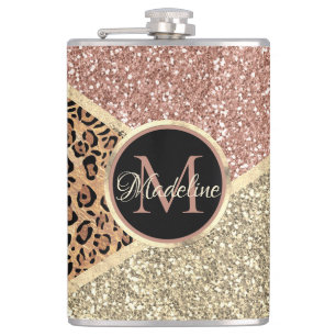 Striped Rose Gold Glitter Leopard Monogram Hip Flask