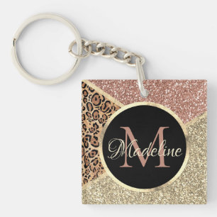 Striped Rose Gold Glitter Leopard Monogram Key Ring