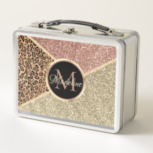 Striped Rose Gold Glitter Leopard Monogram Metal Lunch Box