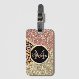 Striped Rose Gold Glitter Leopard Monogram Name Luggage Tag