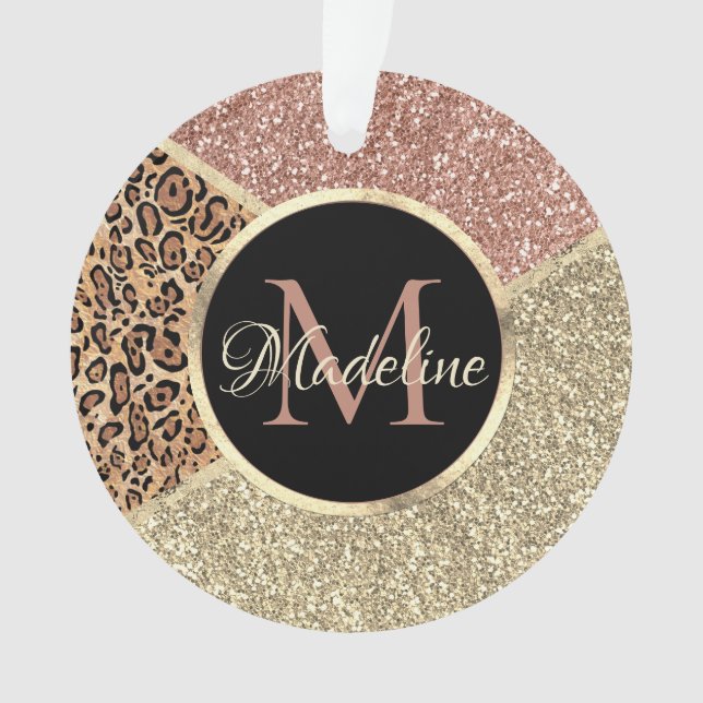 Striped Rose Gold Glitter Leopard Monogram Ornament (Front)