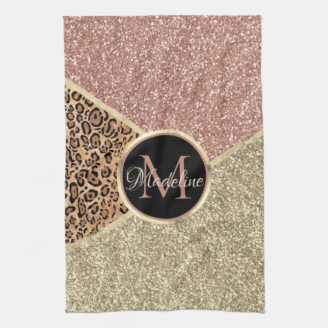 Striped Rose Gold Glitter Leopard Monogram Tea Towel (Vertical)