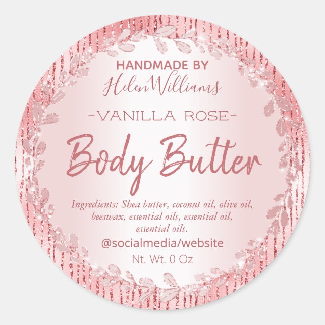 Striped Rose Gold Leafy Framed Body Butter Labels (Front)