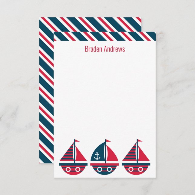 Striped Sailboats Personalised Note Cards (Front/Back)