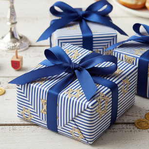 Striped Sapphire Blue Jewish Gold Star of David Wrapping Paper