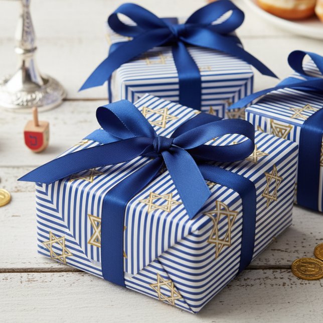 Striped Sapphire Blue Jewish Gold Star of David Wrapping Paper (Chic Jewish Star of David Striped Sapphire Blue & White Pattern for Hanukkah, Bar Mitzvah, Mazel Tov)