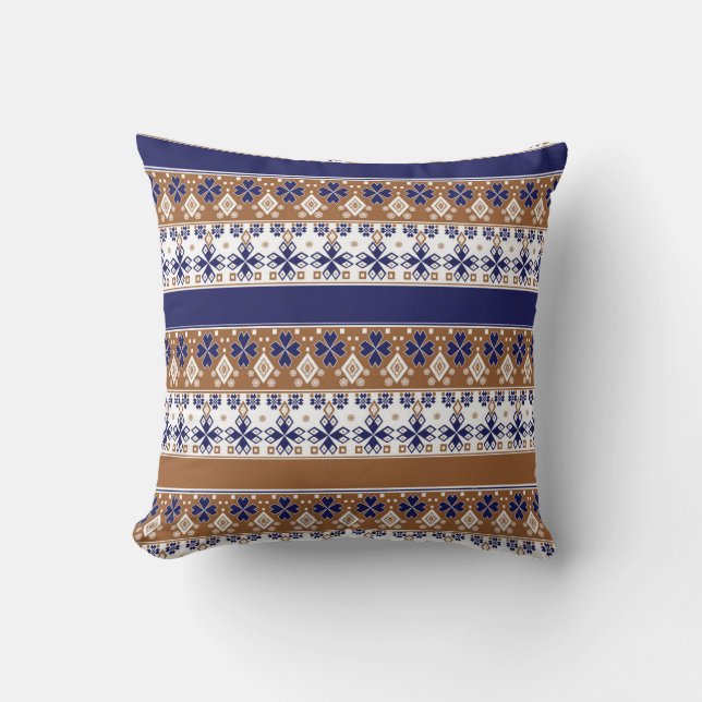 Striped scandinavian pattern brown blue cushion (Front)