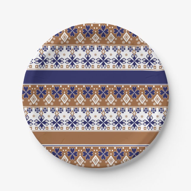 Striped scandinavian pattern brown blue paper plate (Front)