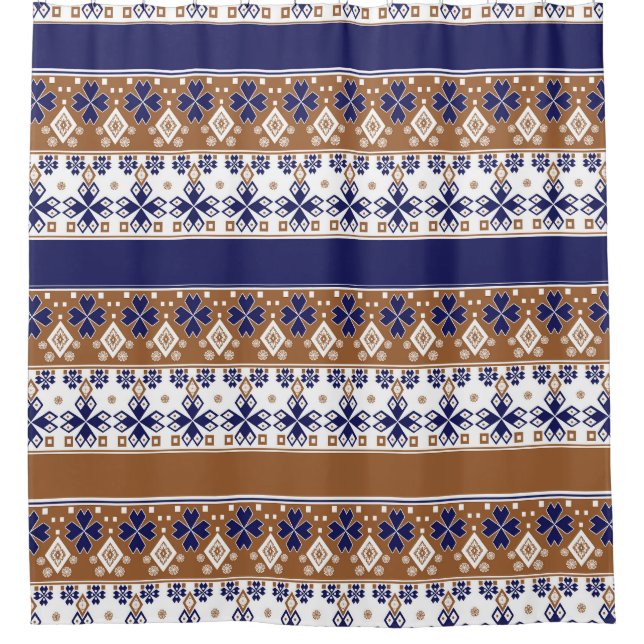 Striped scandinavian pattern brown blue shower curtain (Front)