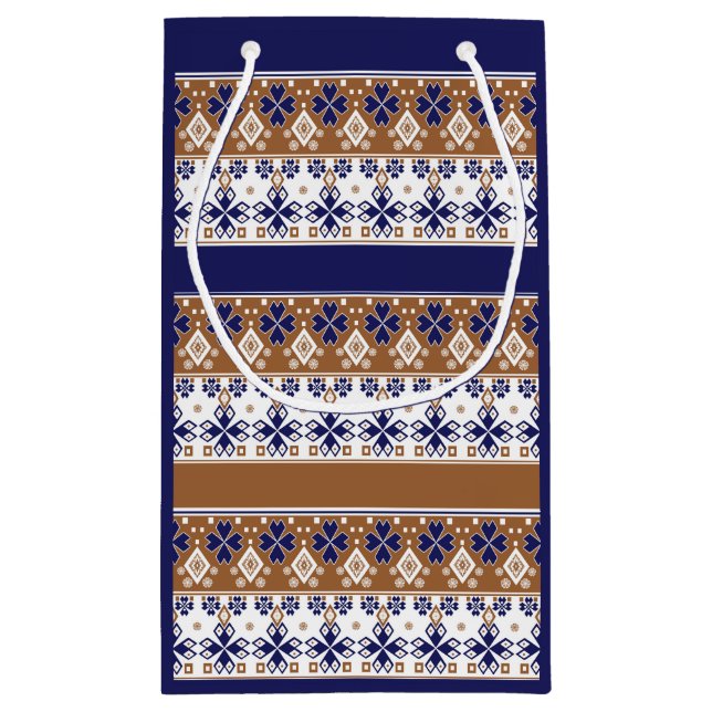 Striped scandinavian pattern brown blue small gift bag (Back)