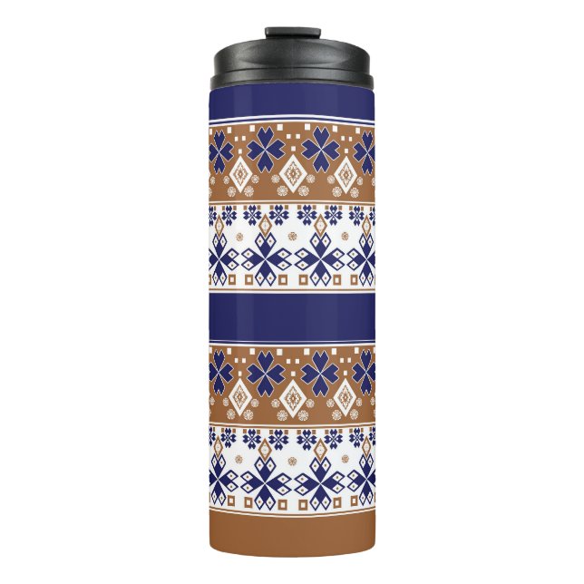 Striped scandinavian pattern brown blue thermal tumbler (Front)