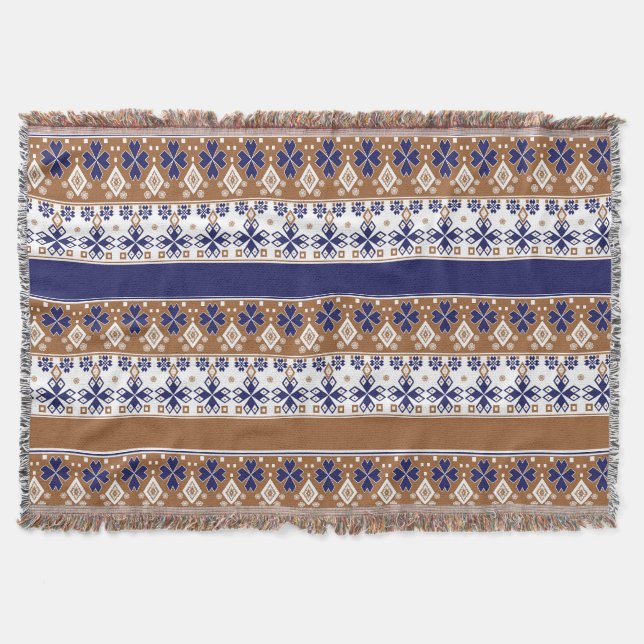 Striped scandinavian pattern brown blue throw blanket (Front)