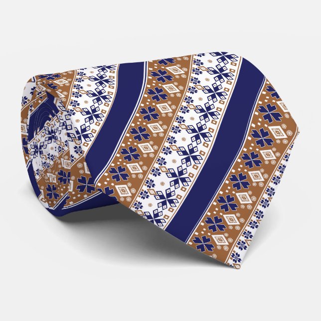 Striped scandinavian pattern brown blue tie (Rolled)