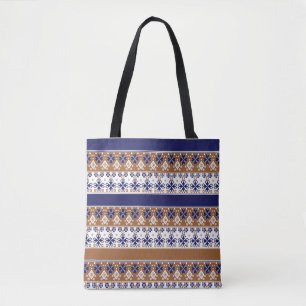 Striped scandinavian pattern brown blue tote bag