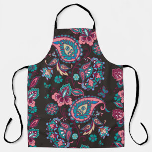 Striped seamless pattern with paisley on black bac apron