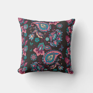 Striped seamless pattern with paisley on black bac cushion
