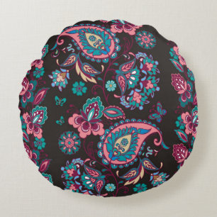 Striped seamless pattern with paisley on black bac round cushion