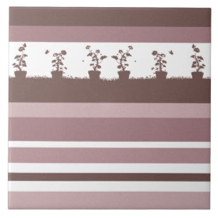 Striped Silhouette Pattern Potted Plants Ceramic Tile