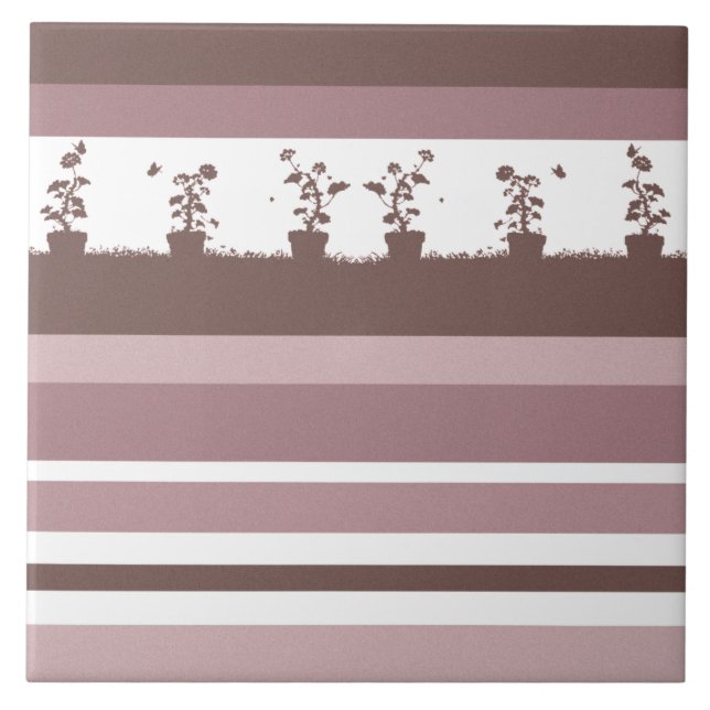 Striped Silhouette Pattern Potted Plants Ceramic Tile (Front)