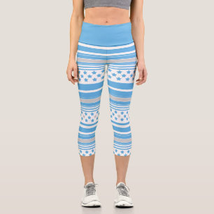 Striped sky blue pattern with stars capri leggings