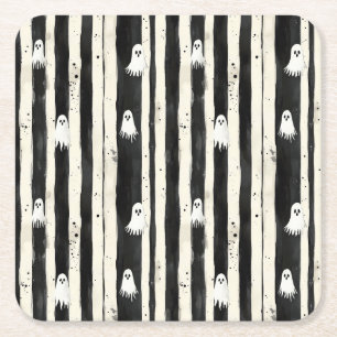 Striped Spirits – A Parade of Ghostly Whimsy Square Paper Coaster